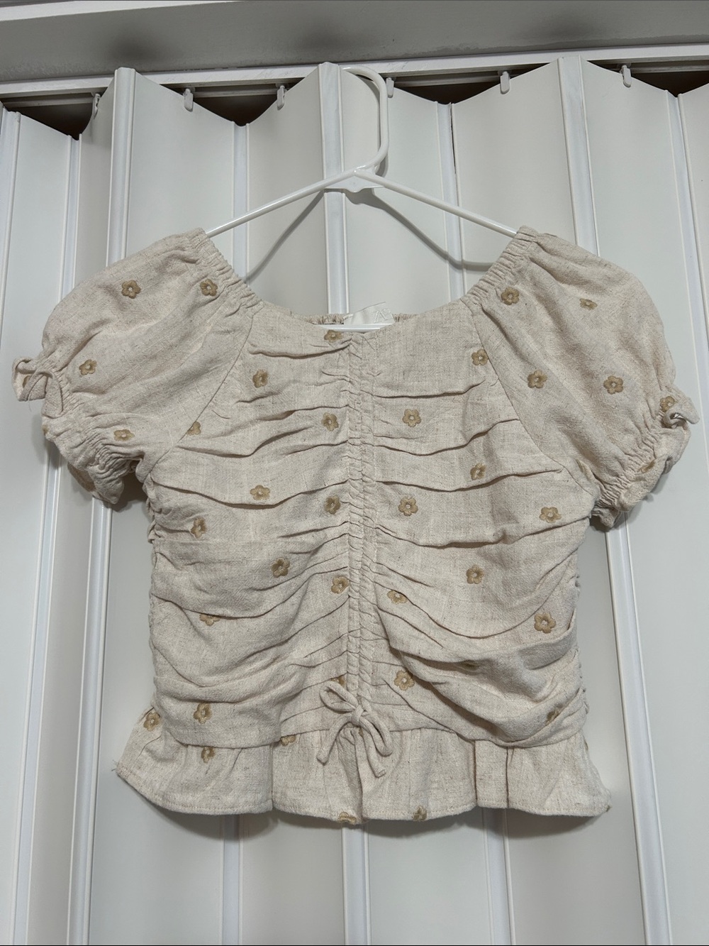 Zara Kids Linen Blend Embroidered Floral Ruched Puff Sleeve Blouse,  Size 11-12